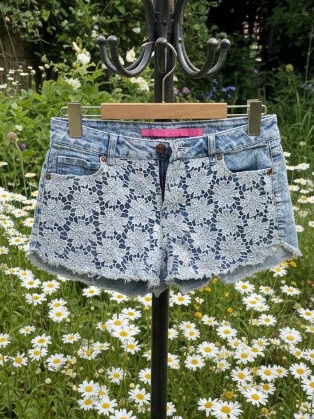 Tinseltown Light Blue Denim Shorts with White Lace Overlay